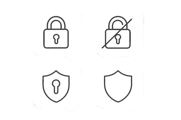 Lock and unlock line icon set. Padlock and shield symbols for safety and security. Outline vector pictograms for web UI design. Cyber security & data protection concept.