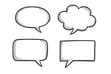 Hand drawn speech bubbles sketch set. Doodle comic dialog clouds collection. Chat message communication vector illustration. Think and talk balloon on transparent background.