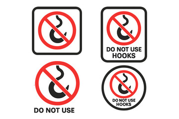 Do not use hooks packaging symbol set. Fragile cargo handling warning sign. Shipping label icon collection. Logistics and delivery vector pictogram. No hook symbol.