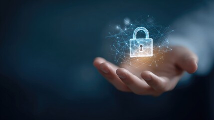 Hand holding a digital lock graphic.