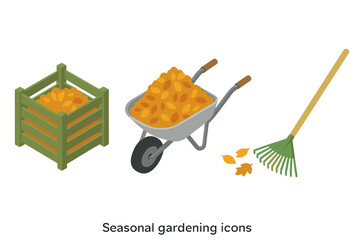 Isometric Autumn Gardening Tools and Tasks Vector Set. Compost Bin with Leaves, Wheelbarrow Full of Autumn Foliage, Garden Leaf Rake. Seasonal Yard Maintenance Icons Flat Illustration