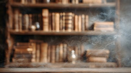 blurred image of a bookshelf full of old dusty books and occult artifacts, spooky indoor setting