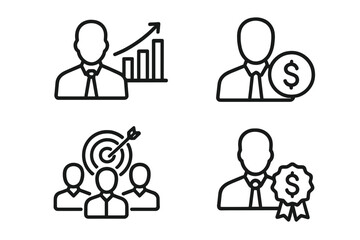 Sales team icons. Business target achievement, financial growth graph, teamwork goal. Manager performance chart, dollar sign, commission badge. Vector outline illustration.