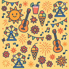 A vibrant collage of summer elements perfect for promoting music festivals, amusement parks, events, or summer themed marketing campaigns with a fun, cheerful vibe.