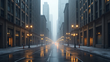 A foggy city street at night, lined with tall buildings, lit by ornate street lamps, reflecting on wet pavement.