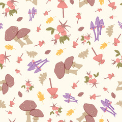 Whimsical Forest Seamless Vector Pattern with Mushrooms, Leaves and Woodland Animals