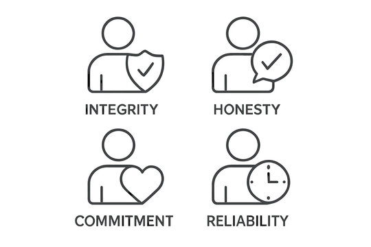Core values line icon set. Integrity, honesty, commitment, reliability. Business ethics, trust, responsibility. Positive character traits. Company principles vector.