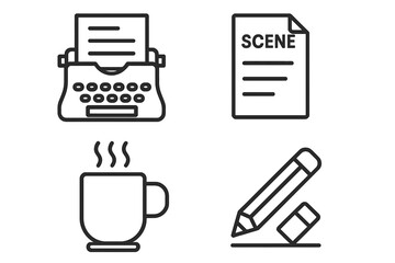 Scriptwriting linear icon set. Screenplay writing creative process. Author tools like typewriter, script page, coffee, pencil. Movie, film, storytelling vector symbols.
