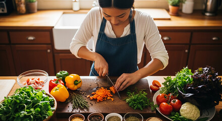 Young woman chopping fresh organic vegetables in a modern kitchen, preparing healthy food with natural ingredients.
