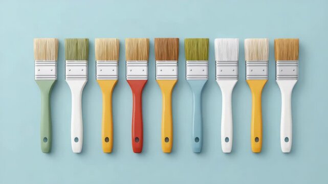 Paintbrush tool with colorful handle and soft bristle arranged row