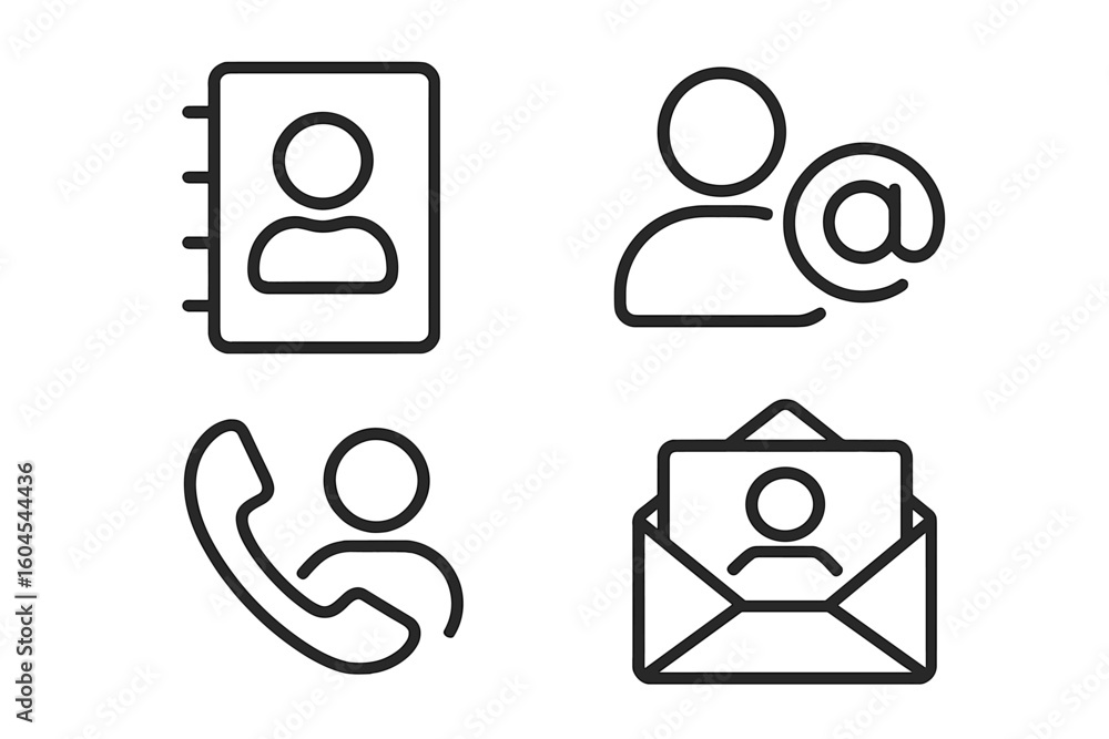 Poster contact us icon set. simple outline symbols for web and mobile apps. includes phone, email, address 