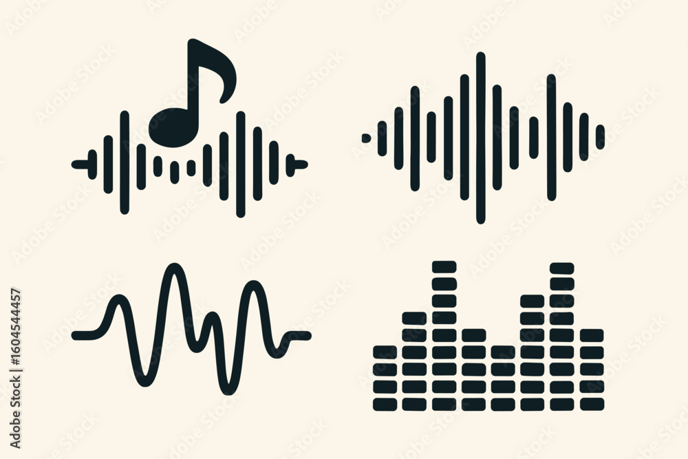 Poster sound wave audio vector elements. set of music and voice frequency symbols. waveform and equalizer b