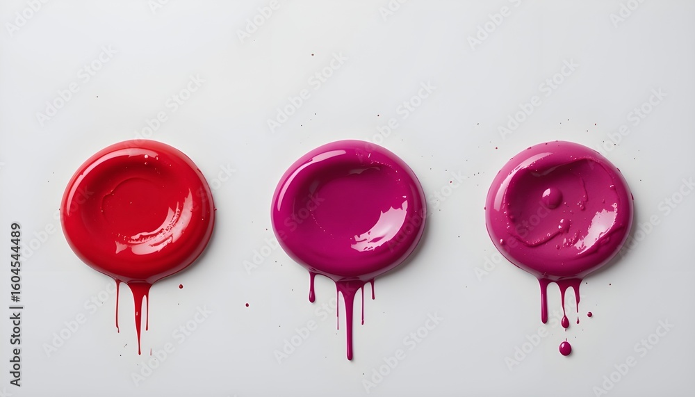 Poster three vibrant paint blobs of red and pink colors dripping down on a clean white surface artfully arr
