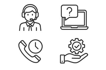 Customer service icon set. Call center operator, online help, 24-7 support, quality service icons. Thin line vector symbols for website, app, contact us page, and helpdesk.