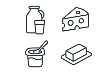 Dairy products icon set in thin line style. Milk bottle, glass, cheese wedge, yogurt cup, and butter stick. Vector food symbols for grocery, farm, or breakfast design.