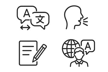 Language and translation linear icon set. Foreign language learning, speech, writing, and linguistics skills. Multilingual communication and translator outline icons.