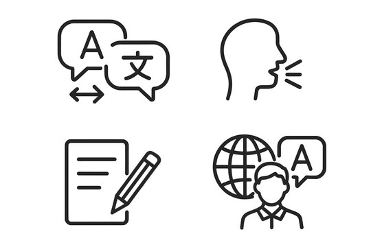Language and translation linear icon set. Foreign language learning, speech, writing, and linguistics skills. Multilingual communication and translator outline icons.