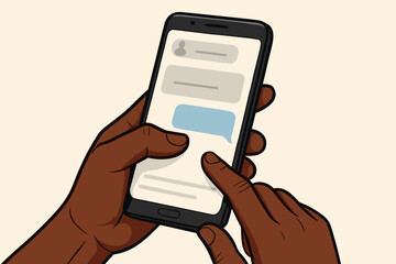 African American hand holding smartphone texting. Dark skin hand using mobile phone touchscreen. Online chat, social media concept. Flat cartoon vector illustration.