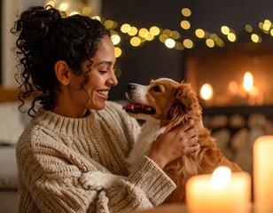 Woman and dog by fireplace, cozy Christmas scene