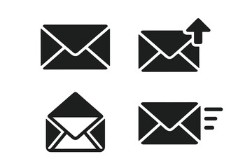 Mail envelope icon set. Vector illustration of email symbols. Open, closed, send, and receive message pictograms. Communication and web design graphic elements collection.