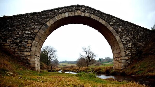 Old stone arch bridge over river in countryside with historic medieval architecture High-quality cinematic natural 4k video