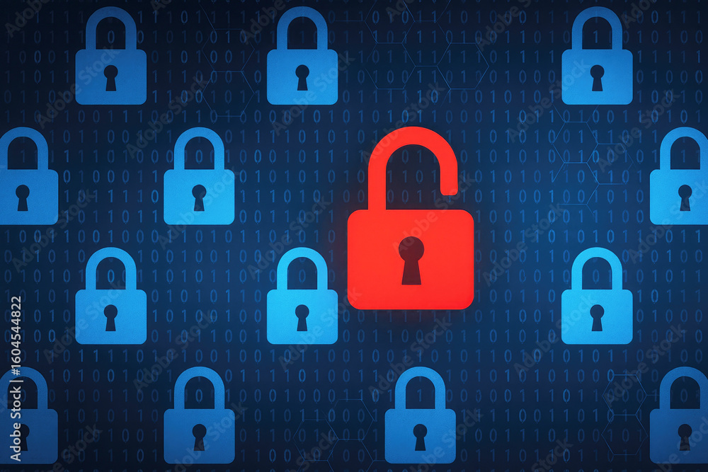 Poster red unlocked padlock among blue locked padlocks on binary code background image