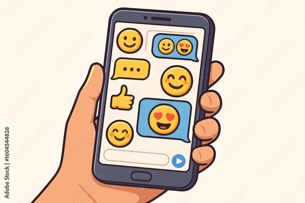 Poster hand holding smartphone with text messaging app. chat conversation with emojis. social media communi