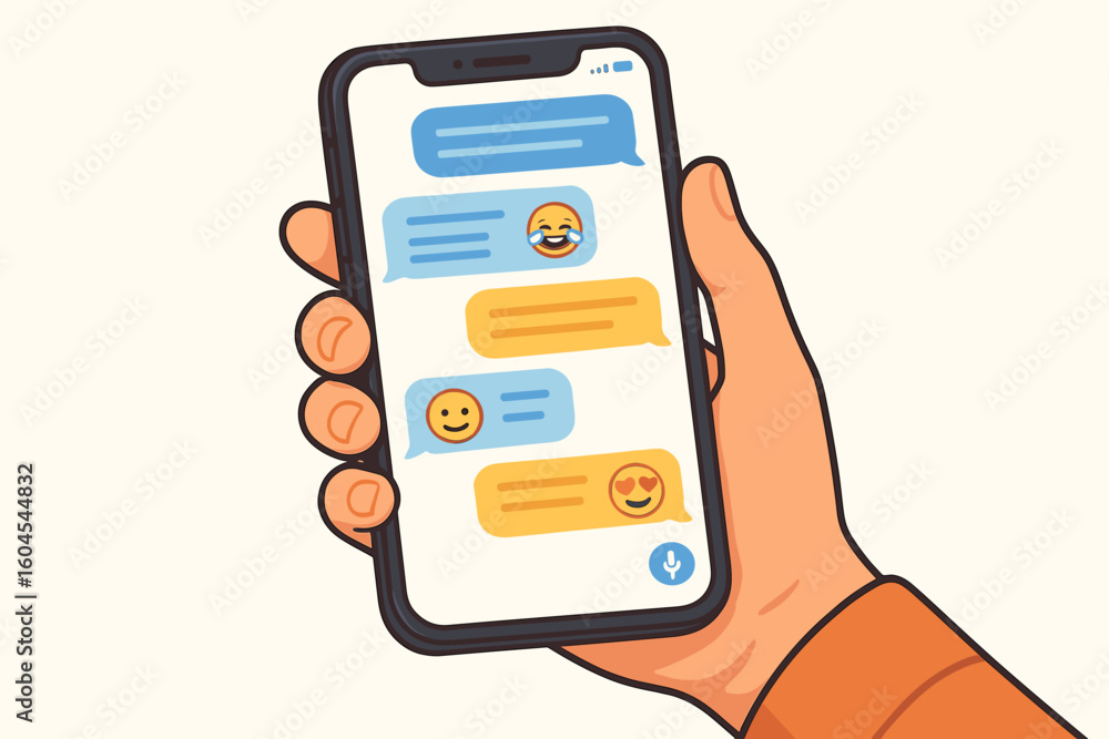 Poster hand holding smartphone with text messaging chat screen. mobile phone conversation with message bubb