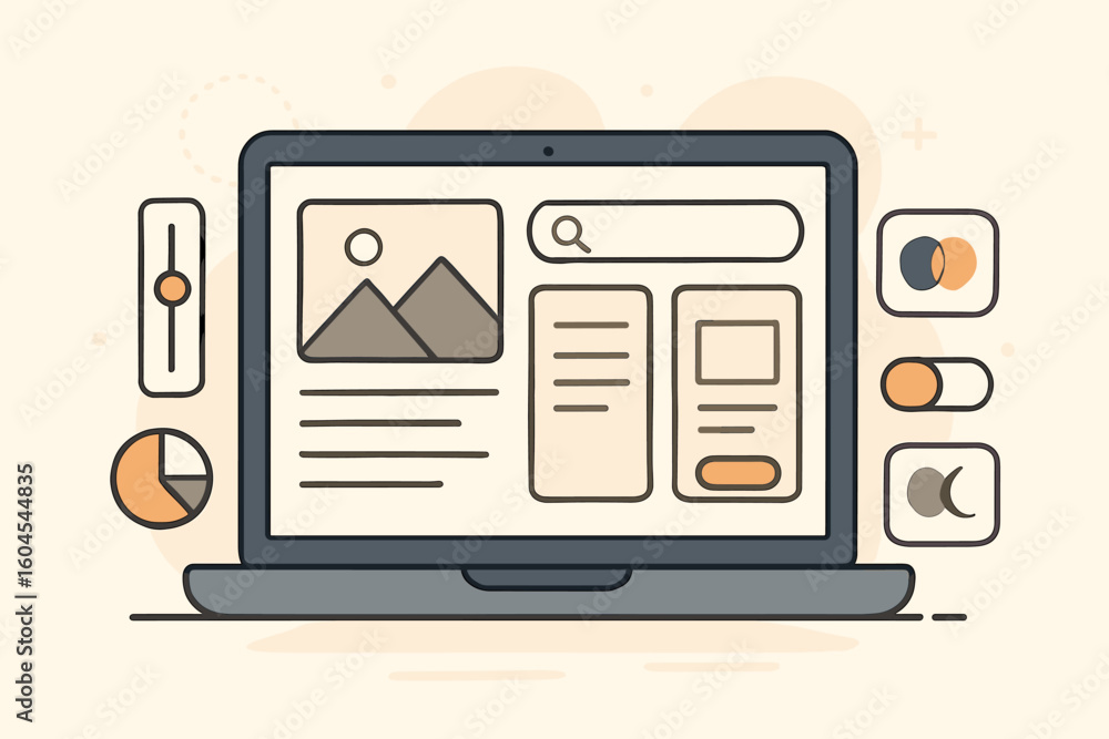 Poster ux and ui design development concept – laptop displaying adaptive web layout, search bar, wireframe 