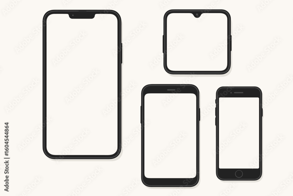 Poster vector smartphone mockup set, flat lay top-down view of unbranded mobile phone templates with blank 