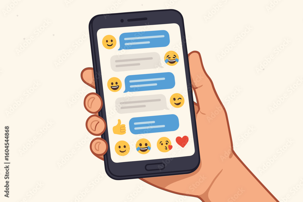 Poster hand holding smartphone with text message chat conversation. mobile phone screen with messenger app 
