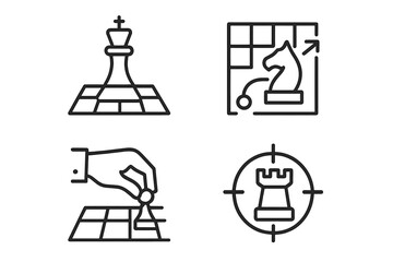 Chess game line icon set for business strategy and competition. Vector icons of king, knight, and rook for success plan, management, and leadership. Editable pictogram.
