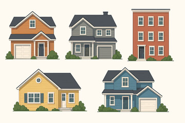 Suburban and urban residential house set vector illustration &ndash; five colorful detached family homes, townhouse facade icons, real estate architecture clipart for property marketing