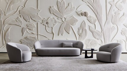 Elegant living space with botanical wall and geometric furniture, highlighting modern home aesthetics and texture.