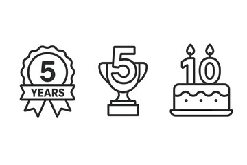 Service milestone icons set. 5 and 10 years of service anniversary celebration. Vector line art symbols for jubilee, work anniversary badge, trophy award, and cake.
