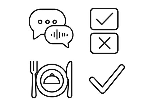Vector line icon set for app and web. Thin outline pictograms. Speech bubble, voice message, survey, check mark, cross, food delivery, restaurant dinner symbol.