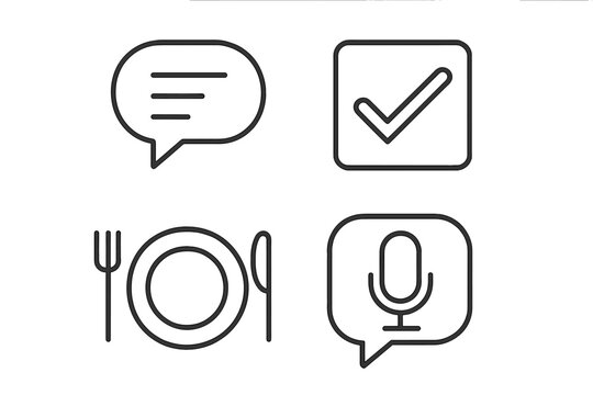 Line icon set for mobile app interface. Vector icons of chat message, voice note, food delivery and confirmation check mark. Simple outline symbols for UI UX design.
