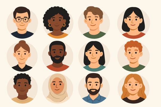 Diverse people avatars collection, multicultural men and women profile icon set, flat cartoon faces, inclusive character portraits, social media, UI and web design elements