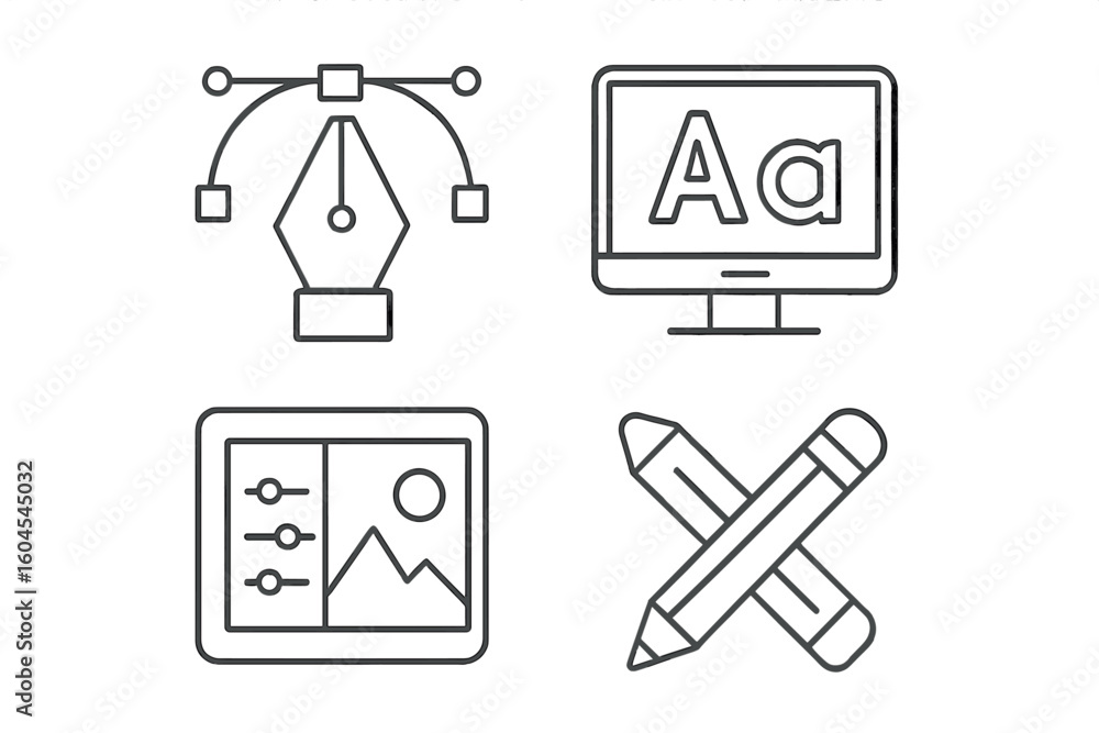 Aufkleber graphic design line icon set. vector symbols for web and mobile apps. features pen tool, typography,