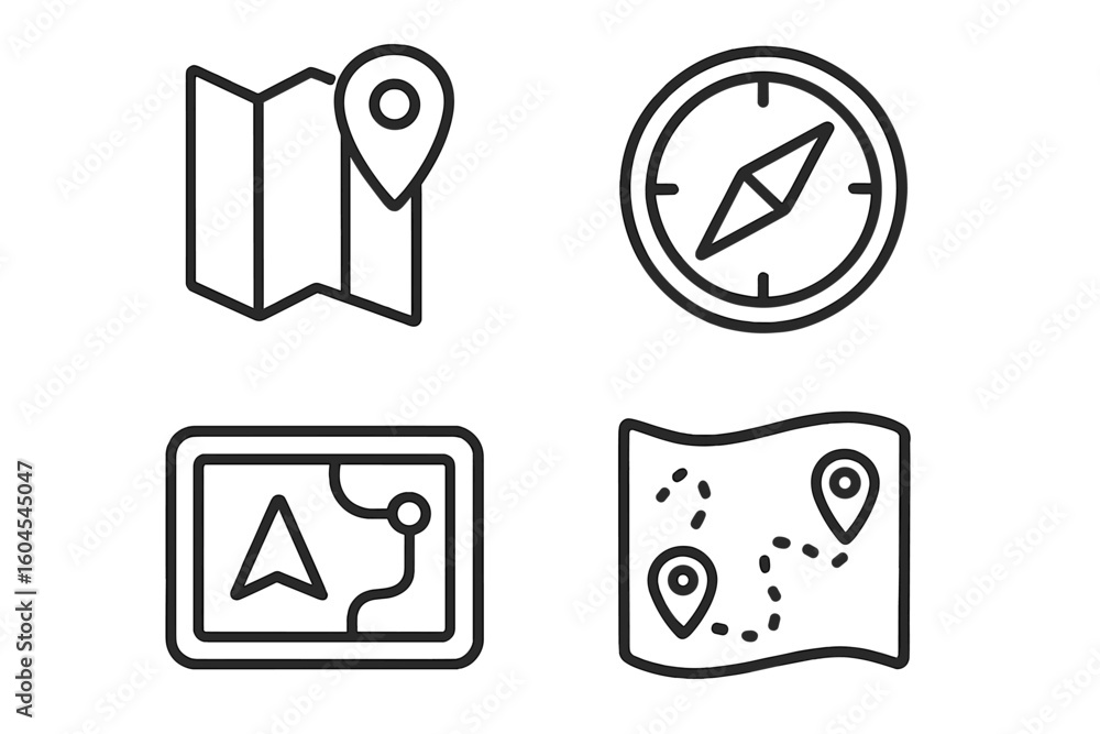 Poster map and navigation icon set. gps location, travel direction, destination route, and compass concepts