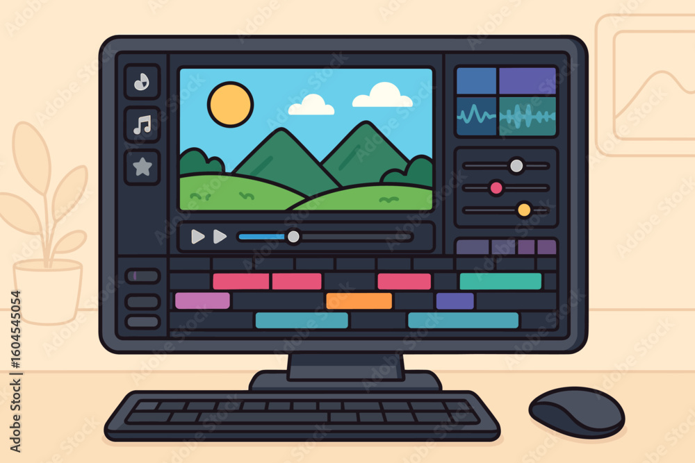 Poster video editing software interface on desktop computer monitor with timeline tracks, audio waveform, c