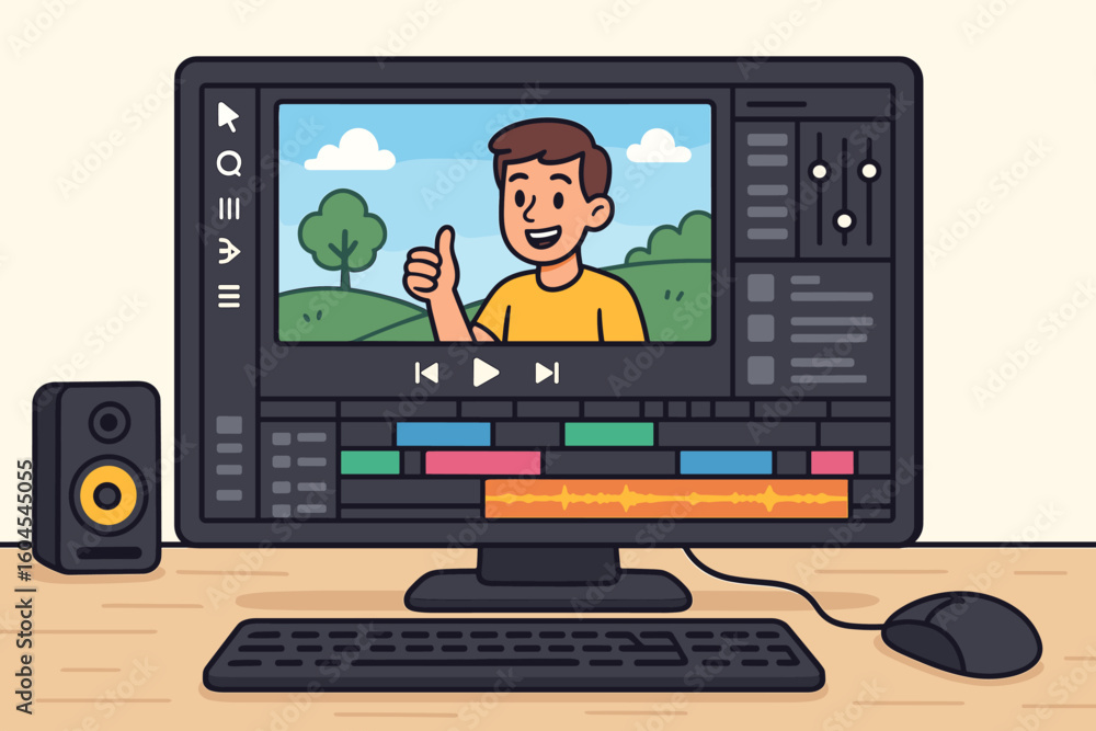 Poster video editing software interface on desktop computer monitor showing timeline, waveform, cartoon vec