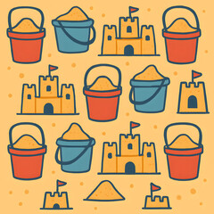 Illustrations of sandcastles and colorful pails filled with sand, perfect for summer themed designs, beach vacation promotions, and childrens products.
