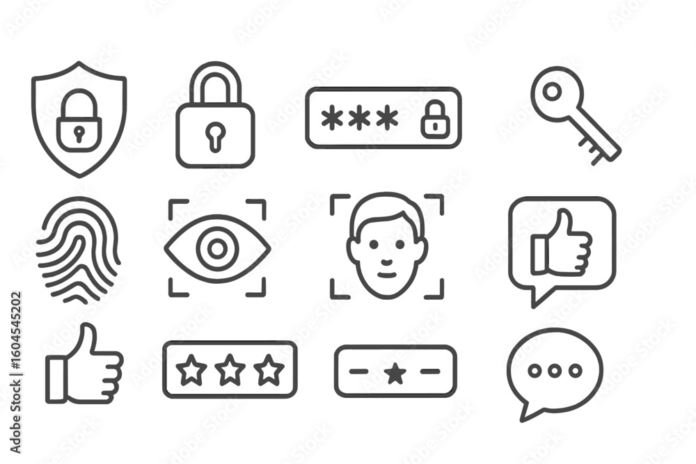 Poster security and user feedback thin line icon set. vector symbols for authentication, login, password, b
