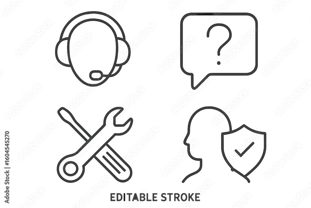 Aufkleber customer support line icons set. service assistance, faq, user security, technical tools. editable s