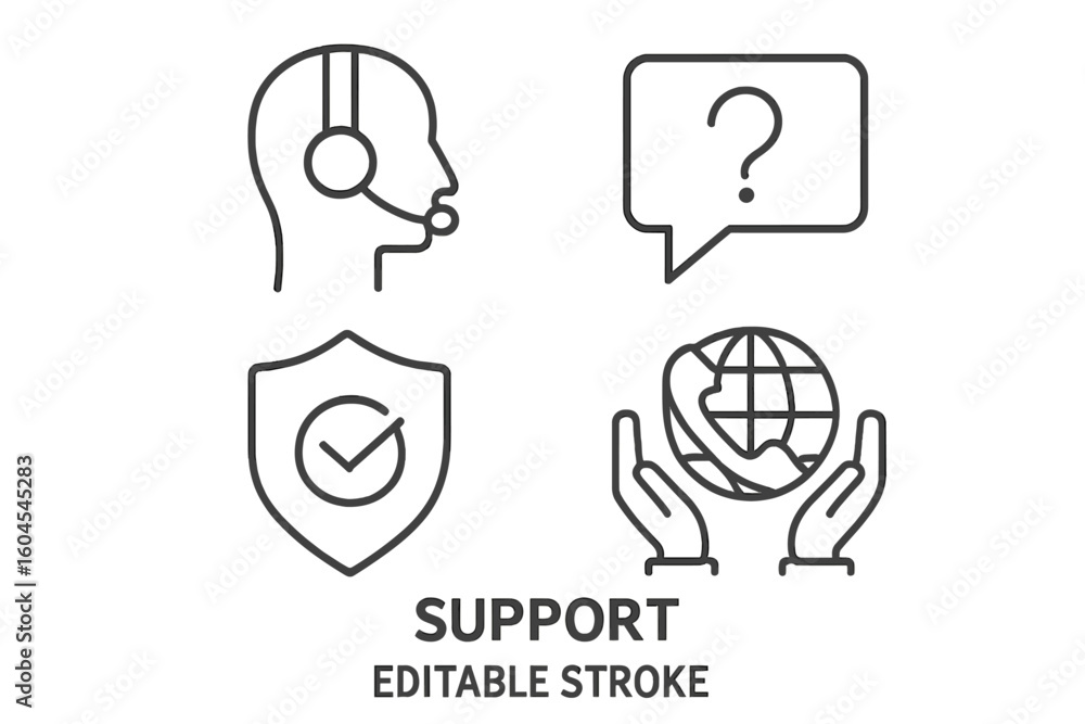 Aufkleber customer support line icons set. call center headset, help question, security shield check, global p