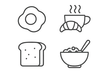 Breakfast food line icon set. Morning meal vector icons. Fried egg, coffee cup, croissant, toast bread, and cereal bowl. Simple outline pictogram for web, menu, and cafe.