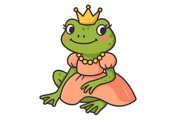 Cute frog princess cartoon character. Vector illustration of a smiling green toad in a pink dress and gold crown. Fairytale animal for kids, nursery decor, isolated clipart.