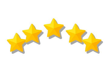 Obraz premium Five star quality rating for customer product reviews. Golden yellow stars feedback symbol for satisfaction level. Vector illustration icon isolated on white background.