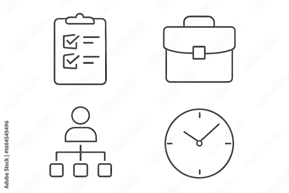 Aufkleber set of 4 business management icons. thin line vector graphics includes checklist, portfolio, team hi